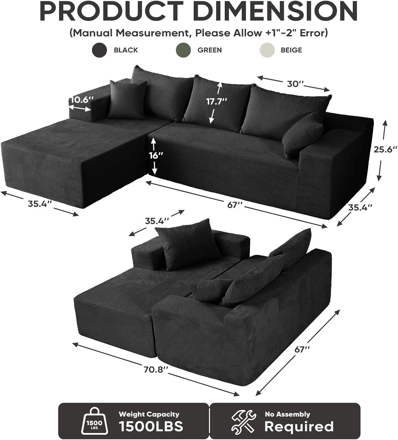 Couch, 102.4" Sectional Couches for Living Room with L Shape Sofa | Cloud Couch Sectional with Chaise, Modular Cloud Sofa with Deep Seat, No Assembly, Black, Corduroy, Left Chaise