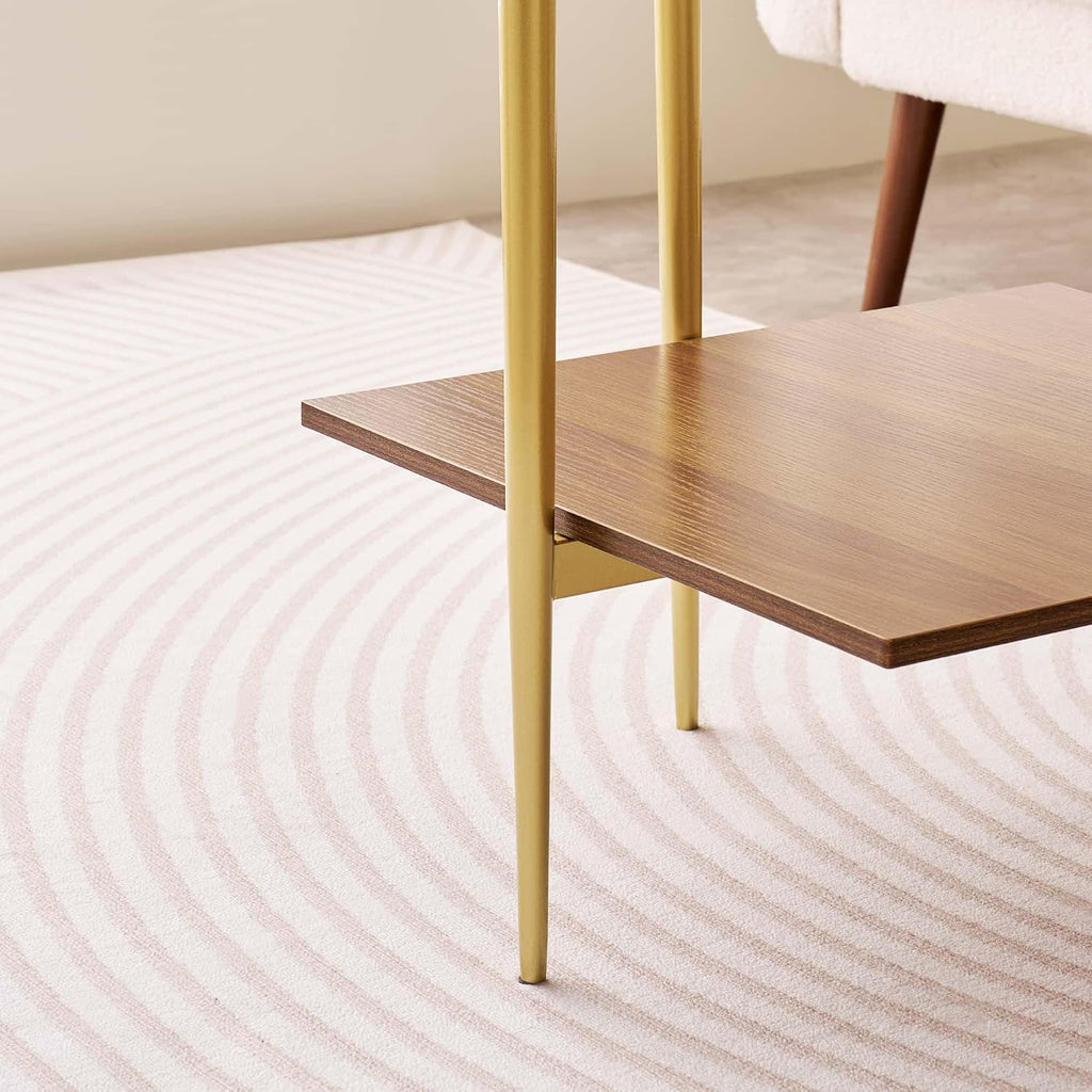 LumFurn Glass End Table, Mid-Century Modern Design Sofa Table, for Living Room, 2-Tier Structure, Clear Glass Top and Walnut MDF Shelf, Sleek Conical Metal Legs with Gold Finish Frame