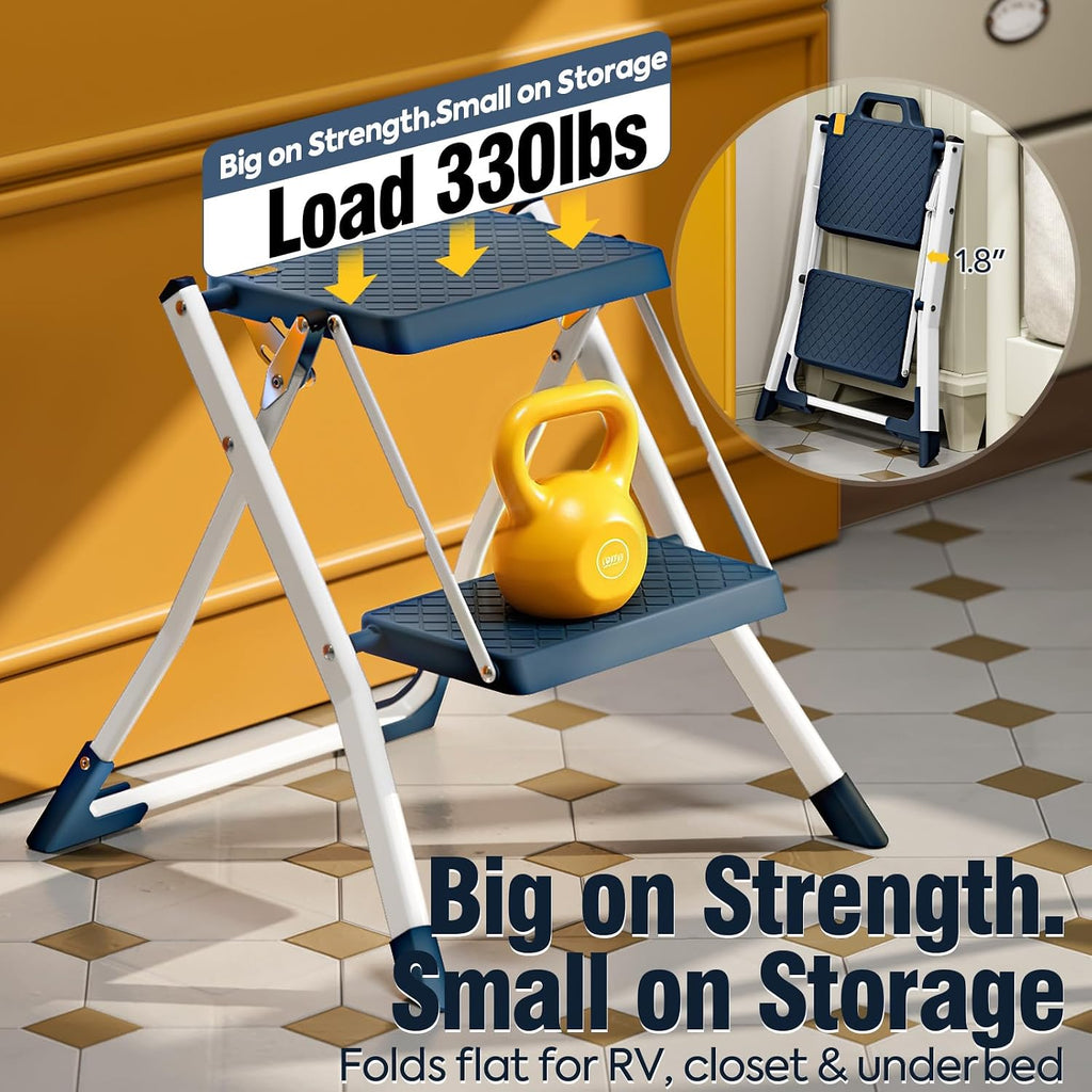 URACKIFY 2 Step Stool Ladder, Folding Step Ladders for Home, 330lb Cap,Blue | Non-Slip Feet, Release Button for Safety, Lightweight Foldable Step Stool for Kitchen & Farage Use. Easy to Carry & Store