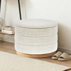 Round Storage Ottoman with Tray Lid, Folding Chenille Fabric Footrest with Hidden Storage, 22.8" Large Footstool Side Table for Dorm Living Room Bedroom, Wood Grain Base, Cream White