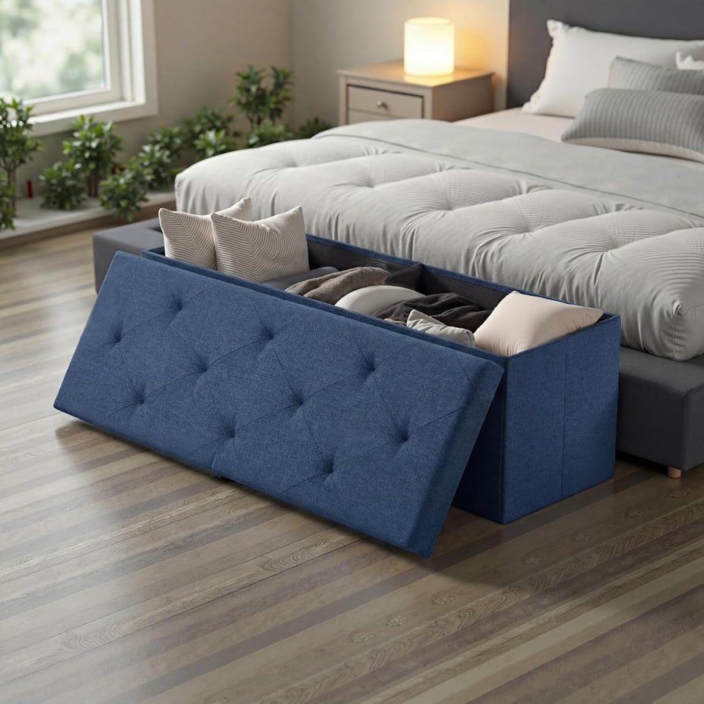 Sweetcrispy 43 Inch Folding Storage Ottoman Bench, Ottoman with Storage | Large Hidden Storage Chest with Padded Seat, Foot Rest Stool, End of Bed Bench for Bedroom, Living Room, Linen Fabric, Blue