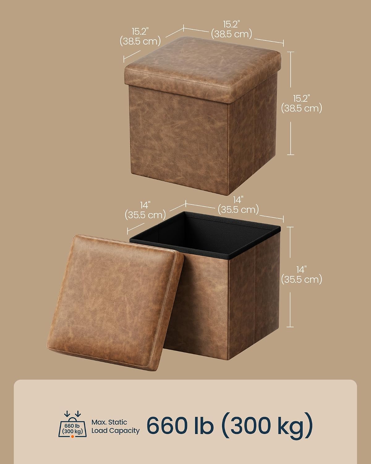 SONGMICS HOME Storage Ottoman, Removable Lid, Foldable Foot Stool, PU Leather, for Entryway, Living Room, Bedroom, 15.2 x 15.2 x 15.2 Inches, Brown