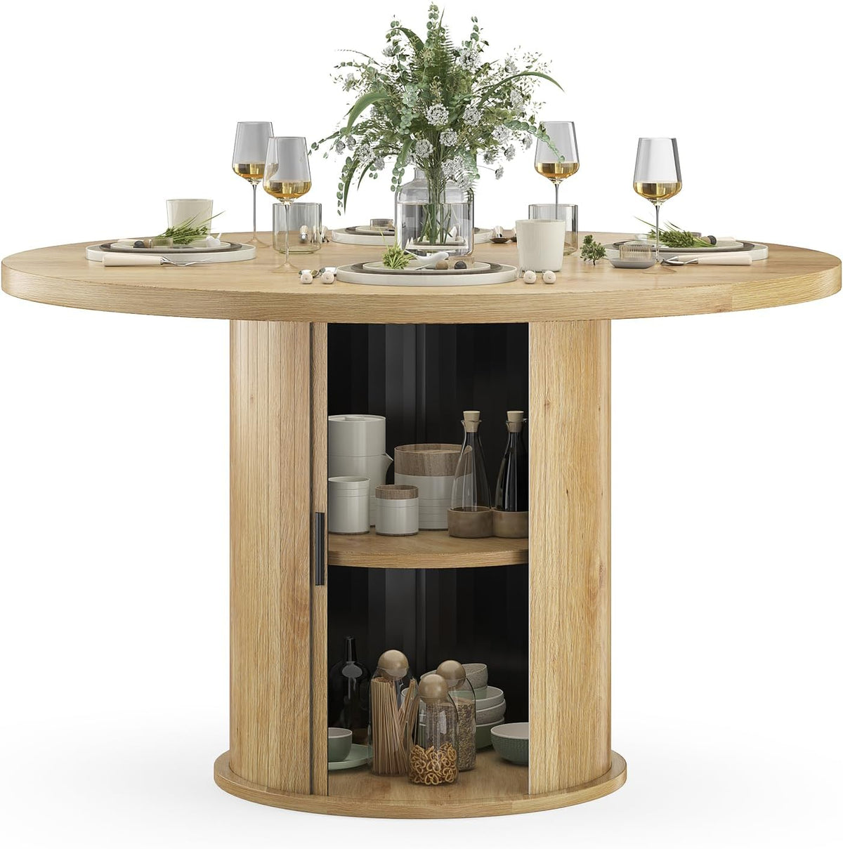 43.3'' Round Dining Table with Hidden Storage Space, Wooden Circle Kitchen Dinner Table for Dining Room Living Room, Easy Assembly, Natural