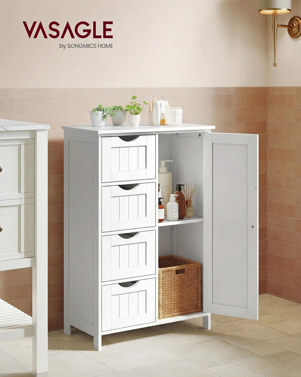 VASAGLE Storage Cabinet with Drawers, Freestanding Floor Cabinet with Door, 11.8 x 21.7 x 32.3 Inches, Adjustable Shelf, for Bathroom, Living Room, Kitchen, Cloud White ULHC041WH01S