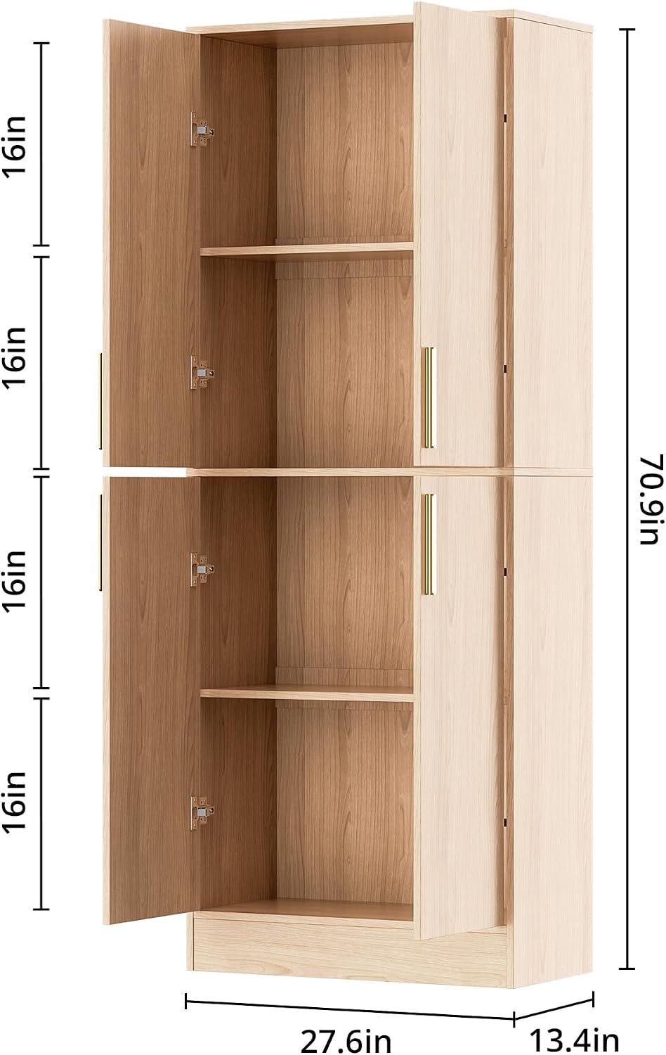 Housoul 71" Tall Pantry Cabinet with 4 Doors, Kitchen Pantry Storage Cabinet, Freestanding Larder Cupboard, Utility Kitchen Hutch with Gold Handles for Dining Room, Bathroom, Oak