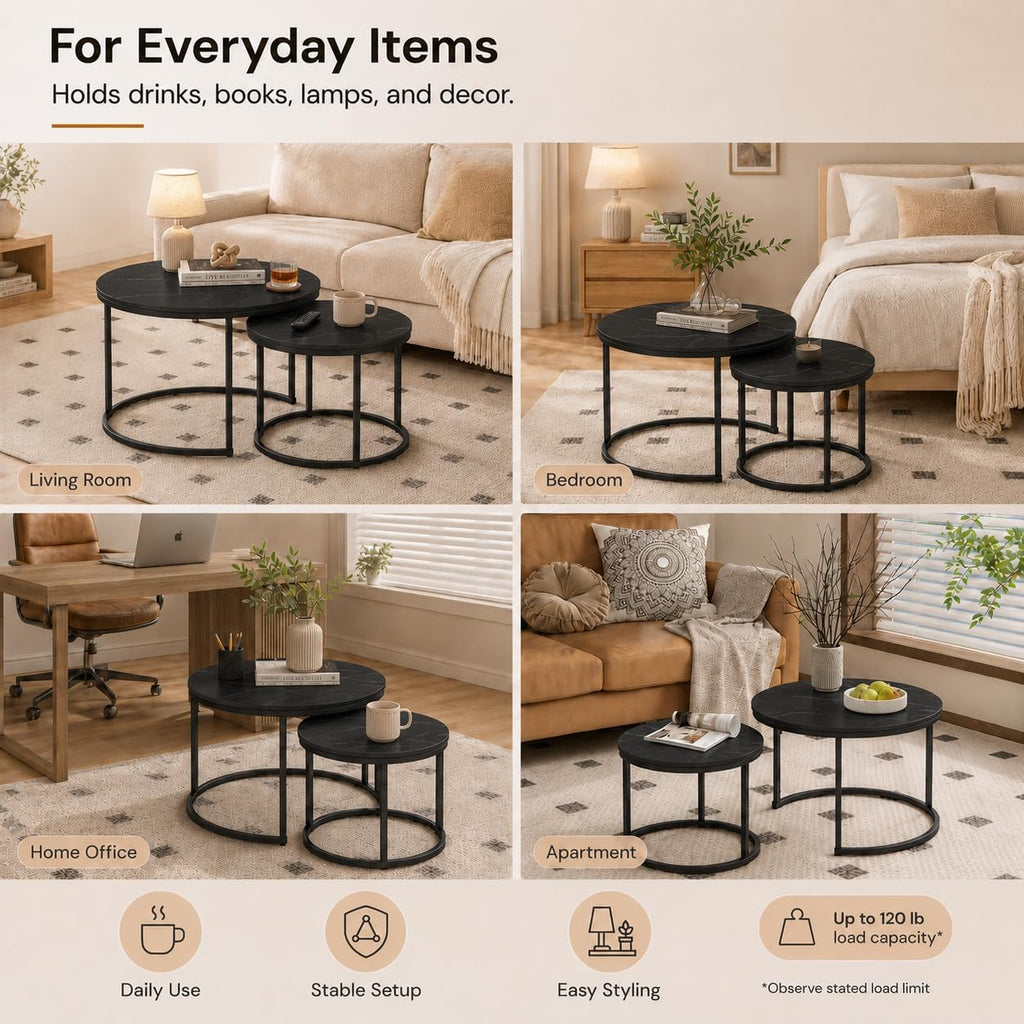 Nesting Coffee Table Set of 2，Black + Black | 27.6'' Industrial Coffee Table Nesting with Metal Frame, Round Coffee Tables for Living Room,Bedroom, Balcony