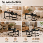 Nesting Coffee Table Set of 2，Black + Black | 27.6'' Industrial Coffee Table Nesting with Metal Frame, Round Coffee Tables for Living Room,Bedroom, Balcony