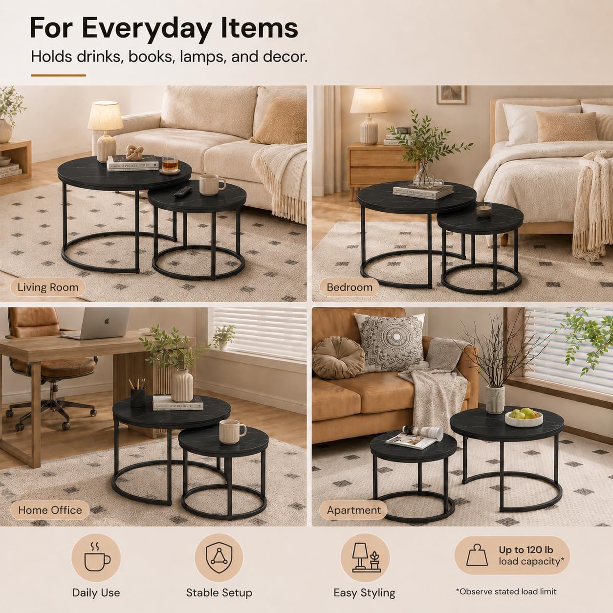 Nesting Coffee Table Set of 2，Black + Black | 27.6'' Industrial Coffee Table Nesting with Metal Frame, Round Coffee Tables for Living Room,Bedroom, Balcony