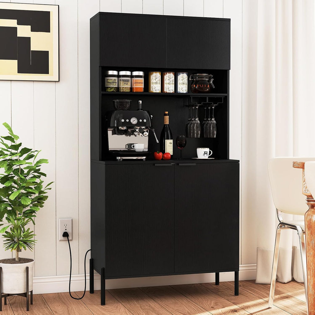 LOKO 64.5” Tall Kitchen Pantry Cabinet, Buffet Sideboard with Charging Station, Modern Wine Bar Cabinet with Wine Glass Rack, Kitchen Hutch Cupboard for Dining Room, Living Room (Black)