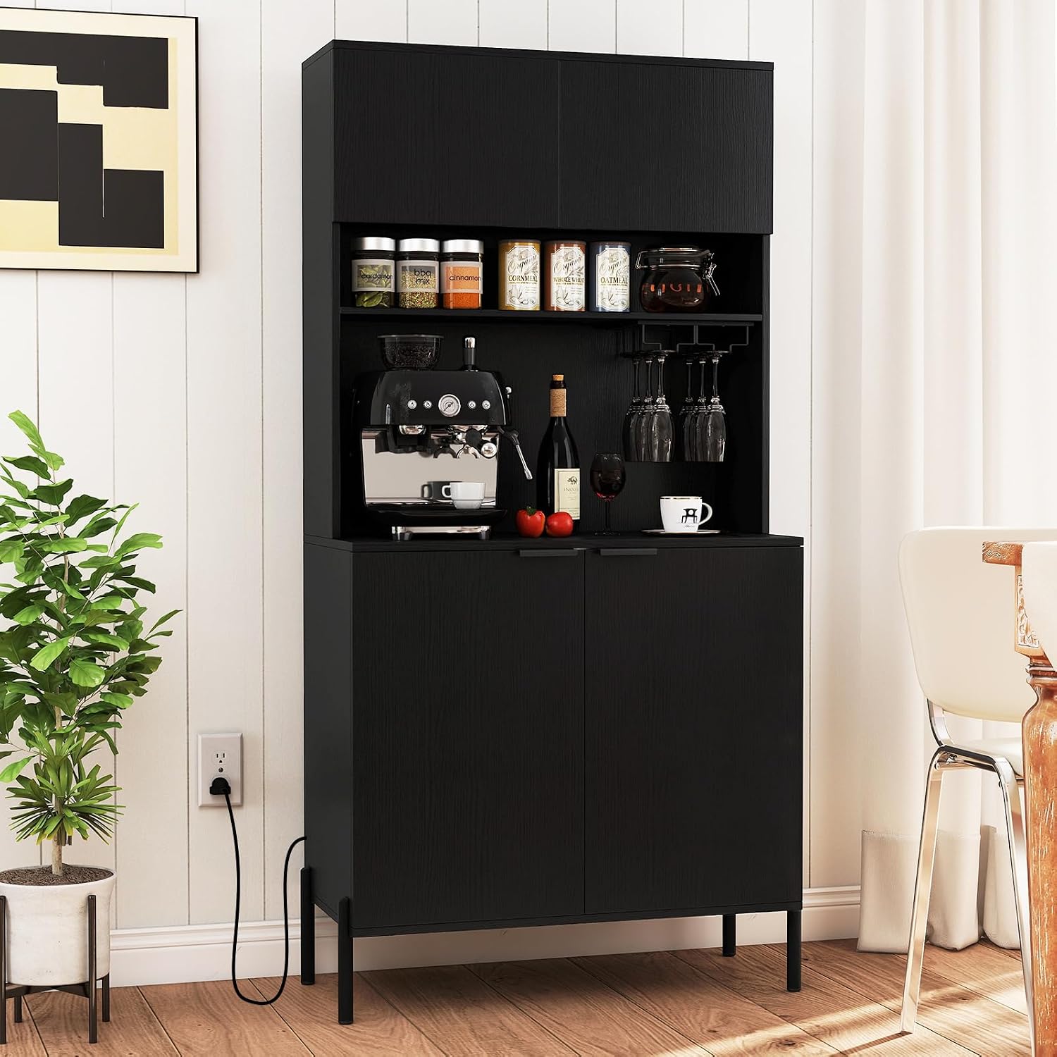 LOKO 64.5” Tall Kitchen Pantry Cabinet, Buffet Sideboard with Charging Station, Modern Wine Bar Cabinet with Wine Glass Rack, Kitchen Hutch Cupboard for Dining Room, Living Room (Black)