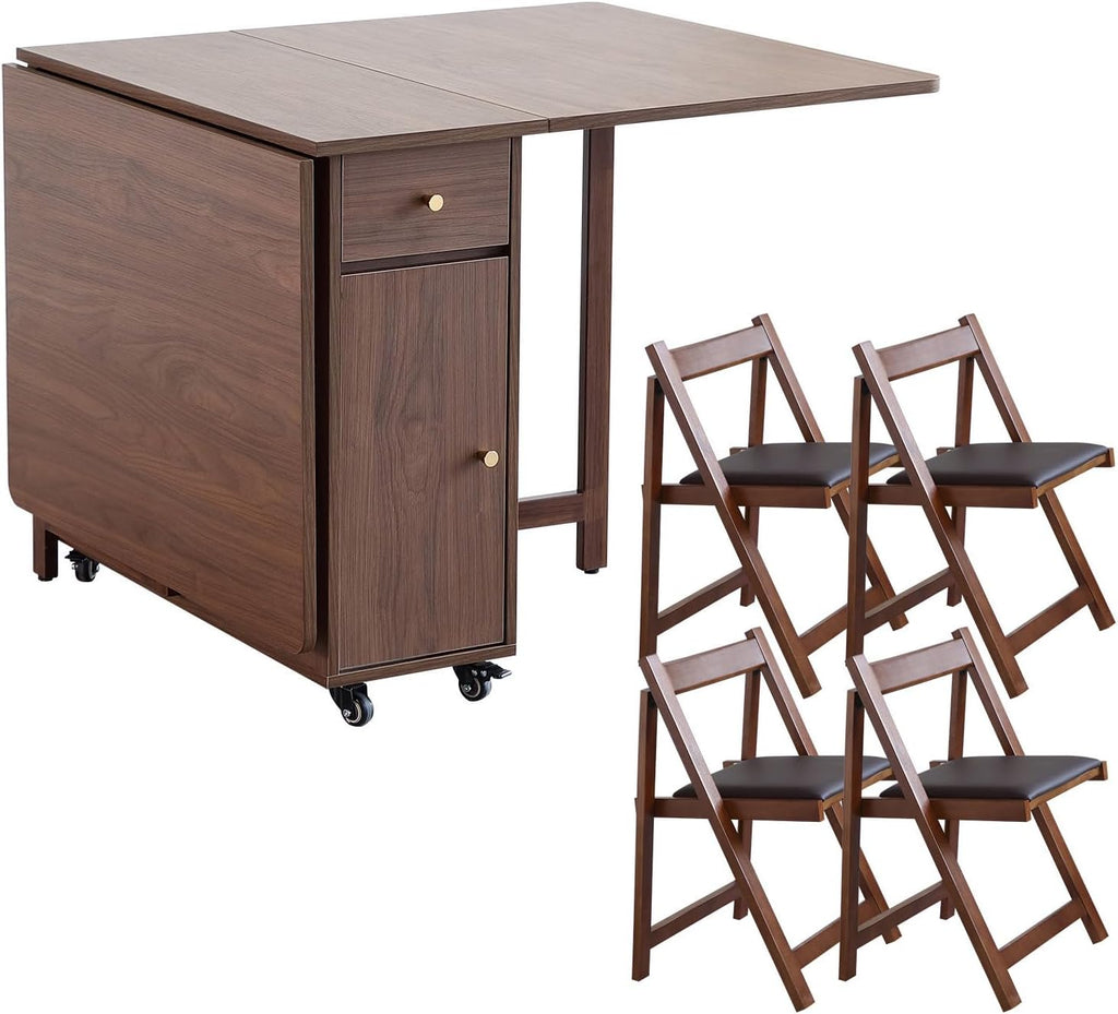 COMUHOME Extendable Drop Leaf Folding Dining Table with 4 Chairs, Collapsible Folable Dining Table with 2 Drawers and 4 Wheels, Space Saving Table for Living Room Kitchen Farmhouse in Walnut