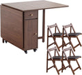 COMUHOME Extendable Drop Leaf Folding Dining Table with 4 Chairs, Collapsible Folable Dining Table with 2 Drawers and 4 Wheels, Space Saving Table for Living Room Kitchen Farmhouse in Walnut