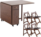 COMUHOME Extendable Drop Leaf Folding Dining Table with 4 Chairs, Collapsible Folable Dining Table with 2 Drawers and 4 Wheels, Space Saving Table for Living Room Kitchen Farmhouse in Walnut