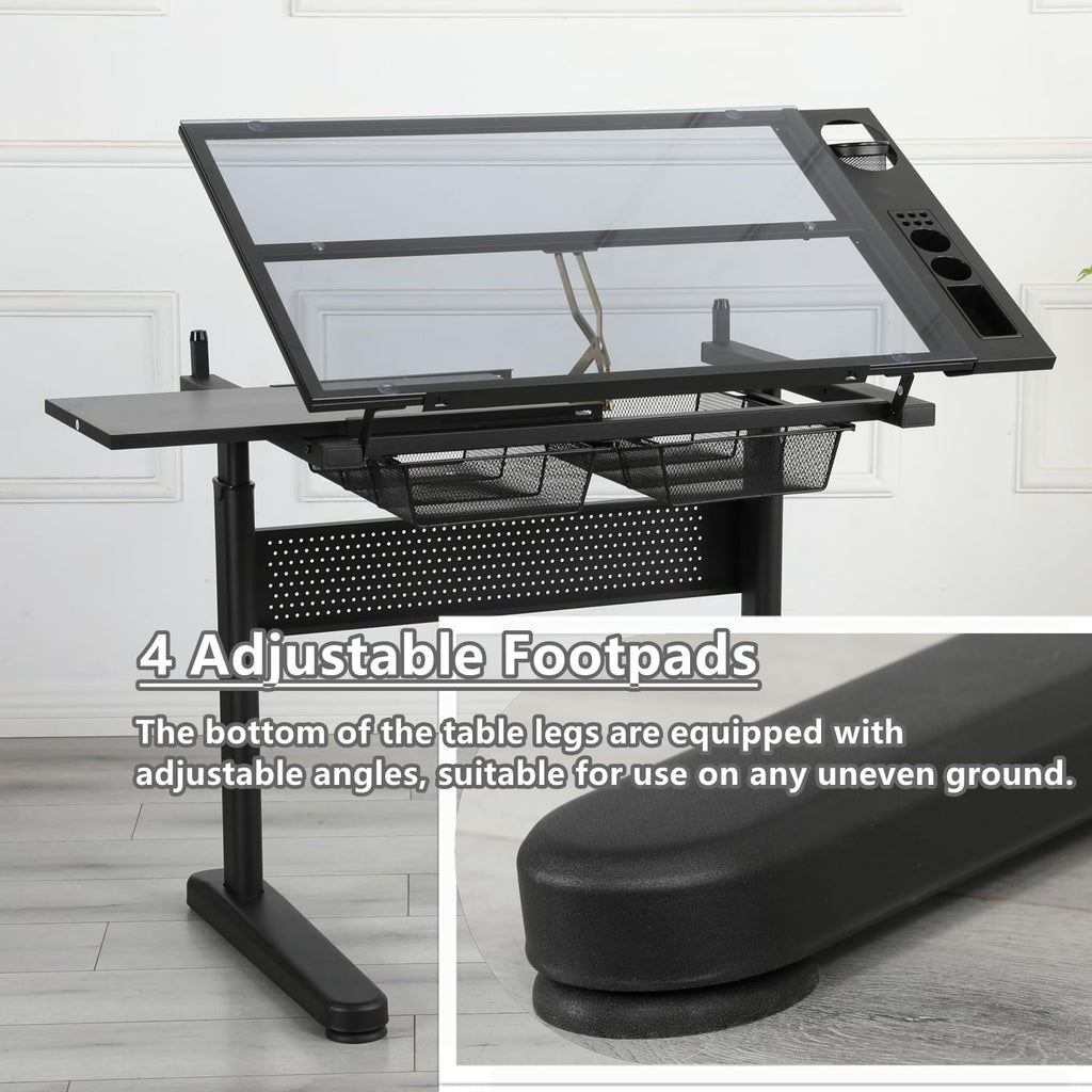 Drafting Desk with Stool, Upgraded Hand Crank Adjustable Height Art Table with Storage, 0-75° Tilting Glass Tabletop Drawing Table for Artists, Ergonomic Design for Painting, Sketching, Black