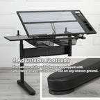 Drafting Desk with Stool, Upgraded Hand Crank Adjustable Height Art Table with Storage, 0-75° Tilting Glass Tabletop Drawing Table for Artists, Ergonomic Design for Painting, Sketching, Black
