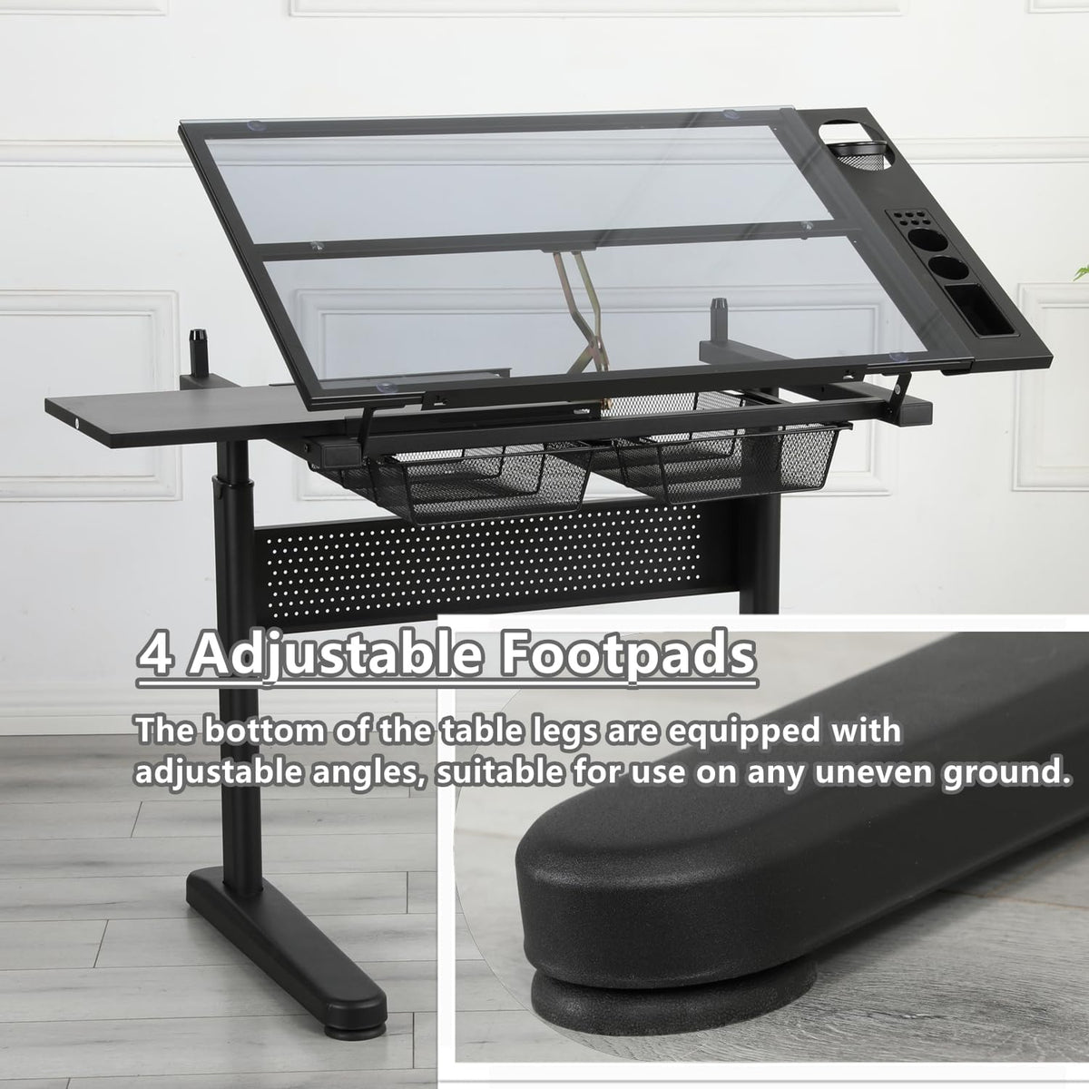 Drafting Desk with Stool, Upgraded Hand Crank Adjustable Height Art Table with Storage, 0-75° Tilting Glass Tabletop Drawing Table for Artists, Ergonomic Design for Painting, Sketching, Black