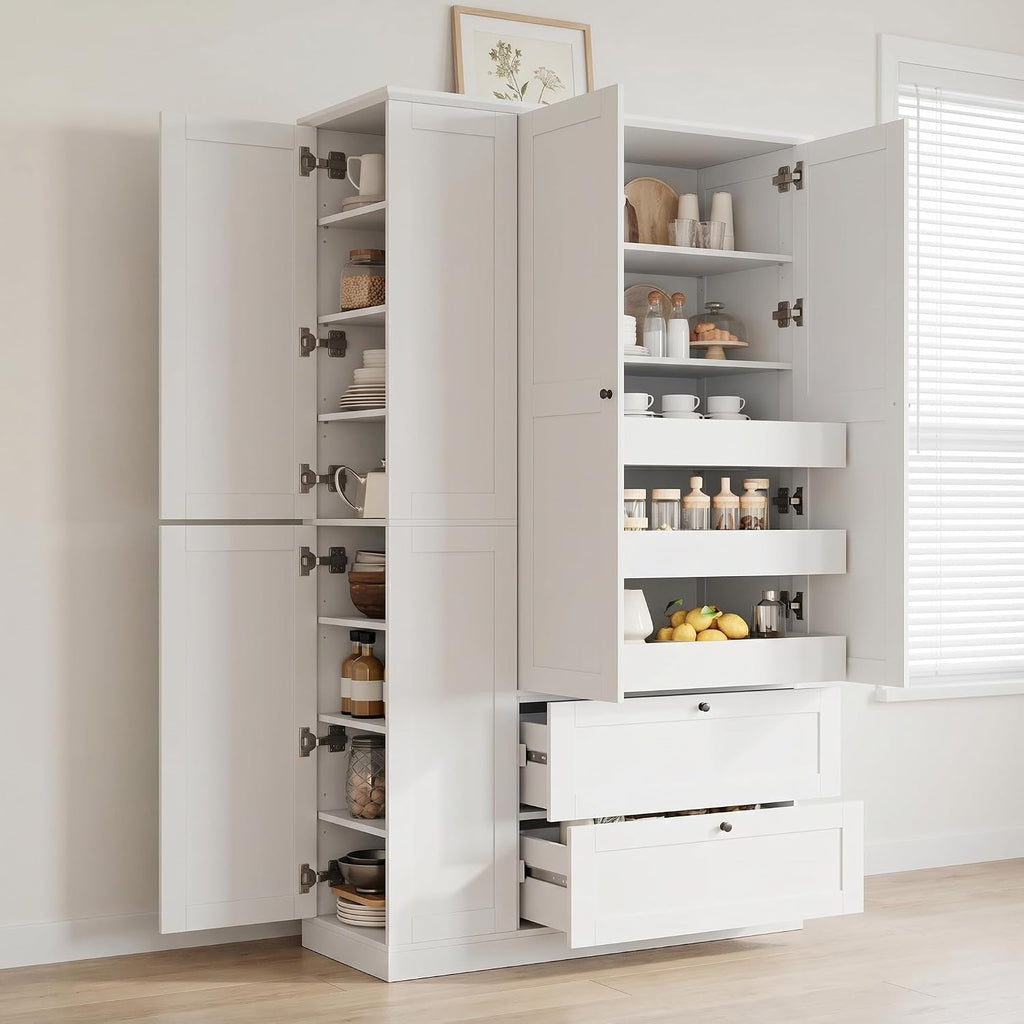 RUNNA 73.6" Tall Farmhouse Kitchen Pantry,Freestanding Large Capacity Storage Organizer with Customizable Shelves & Anti-Tip Safety - Perfect for Living Room & Home (White1)