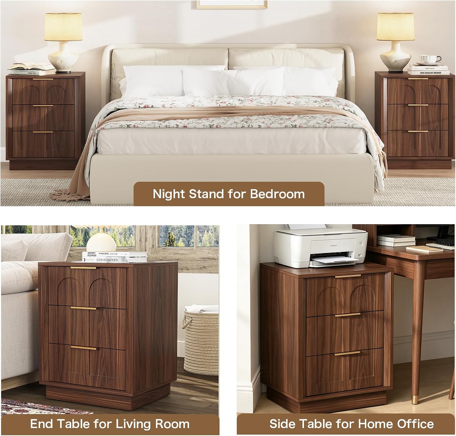 Nightstands Set of 2, Mid Century Modern 3 Drawer Bedside Tables with Arched Fronts and Gold Handles, Walnut End Tables for Bedroom, Living Room, Small Spaces，Walnut
