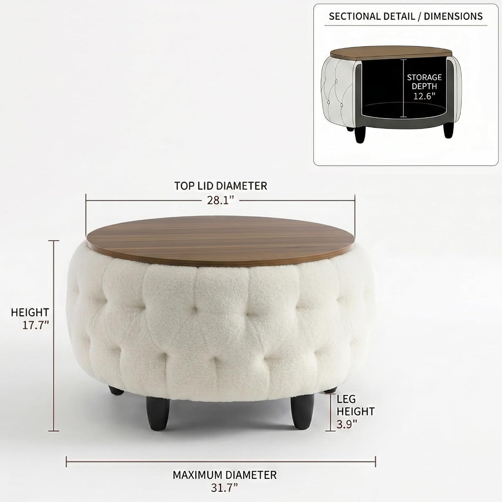 Large Round Storage Ottoman Coffee Table with Wooden Tabletop, 32 Inches Teddy Fleece Tufted Ottoman for Living Room, Bedroom, Apartments (White)