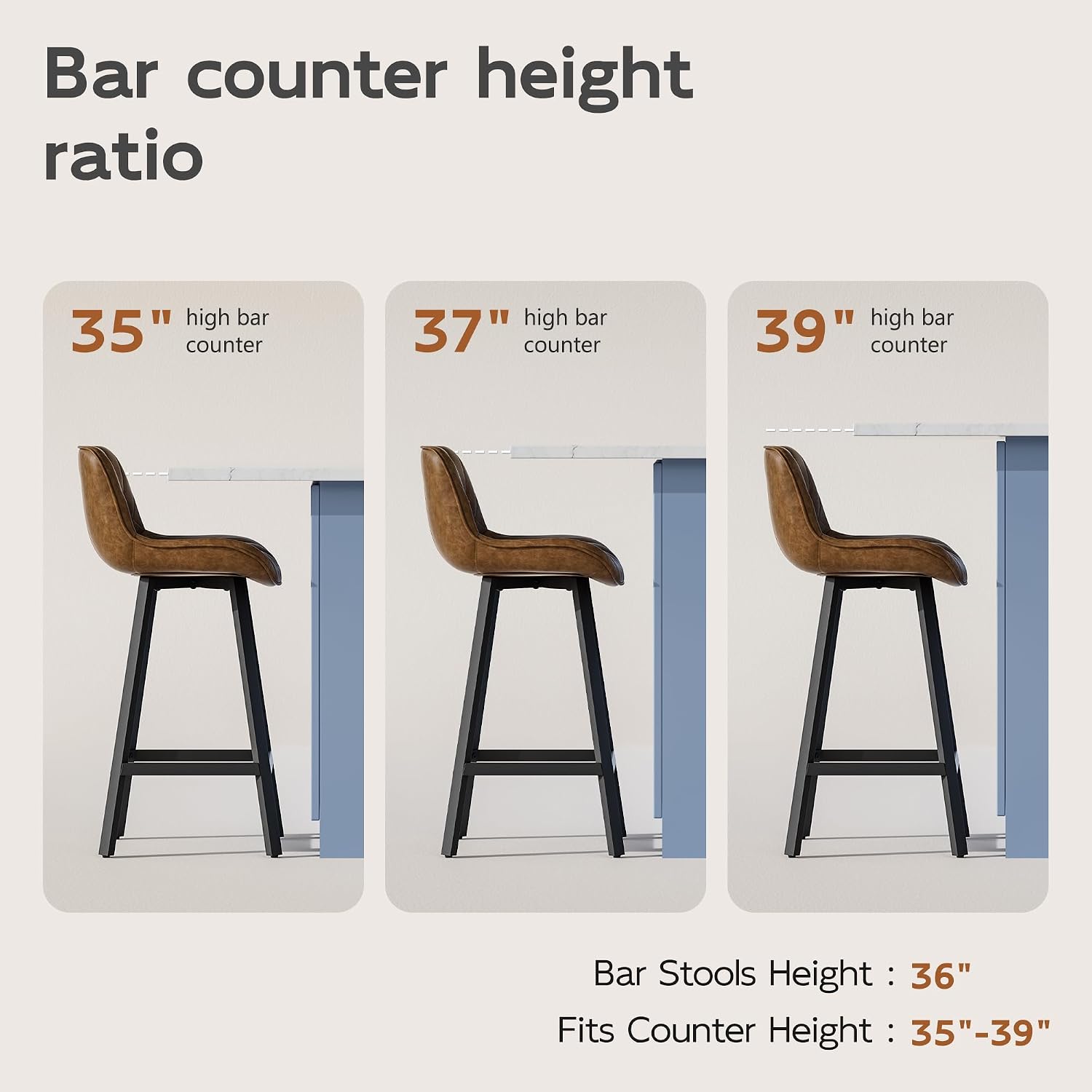 26" Brown Counter Height Bar Stools Set of 4, for Kitchen Island | Curved Seat with Back, Diamond Quilted Vintage Leather, 350lbs Stable Metal legs with Footrest & Anti-slip Mat, Easy Assembly