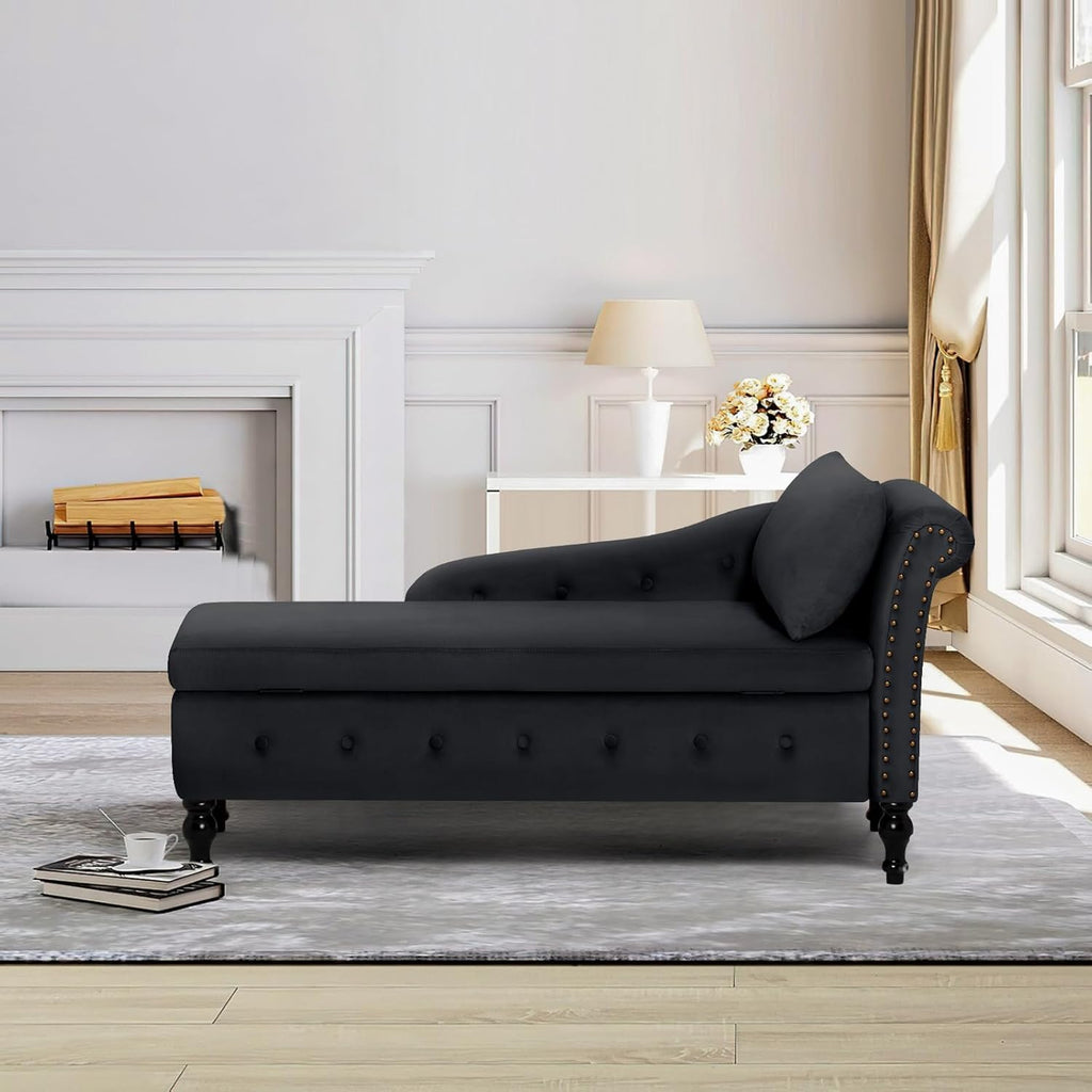 Chaise Lounge with Right Armrest & Lumbar Pillow,Button Tufted Lounge Sofa with Storage,Lounge Chair Indoor,Modern Upholstered Velvet Lounge Chair for Bedroom, Living Room and Office,Black