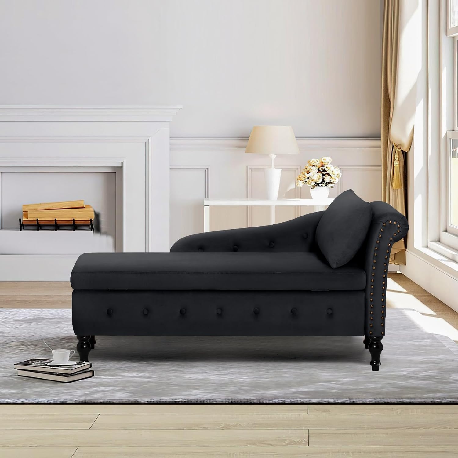Chaise Lounge with Right Armrest & Lumbar Pillow,Button Tufted Lounge Sofa with Storage,Lounge Chair Indoor,Modern Upholstered Velvet Lounge Chair for Bedroom, Living Room and Office,Black