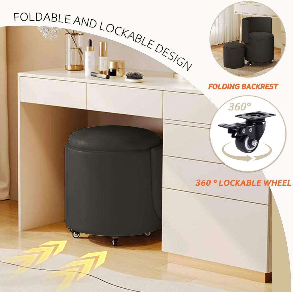 Round Vanity Chair with Storage, Rolling PU Leather Swivel Work Makeup Stool Chair with Folding Back, Upholstered Ottomans for Bedroom Living Room