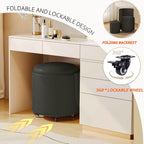 Round Vanity Chair with Storage, Rolling PU Leather Swivel Work Makeup Stool Chair with Folding Back, Upholstered Ottomans for Bedroom Living Room