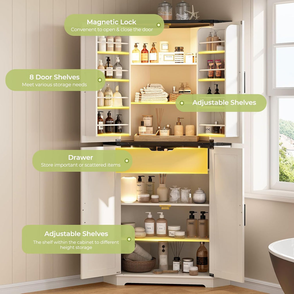 Dripex 71" White Corner Pantry Cabinet, Farmhouse Tall Storage Cabinet with Doors, Adjustable Shelves & LED Light, Kitchen Food Cabinet for Living/Dining Room