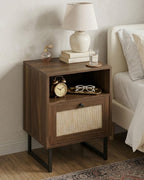 Rattan Nightstand, Boho Night Stand Farmhouse Wood Bedside Table with Storage and Open Shelf, End Side Accent Table for Bedroom,Living Room,Walnut