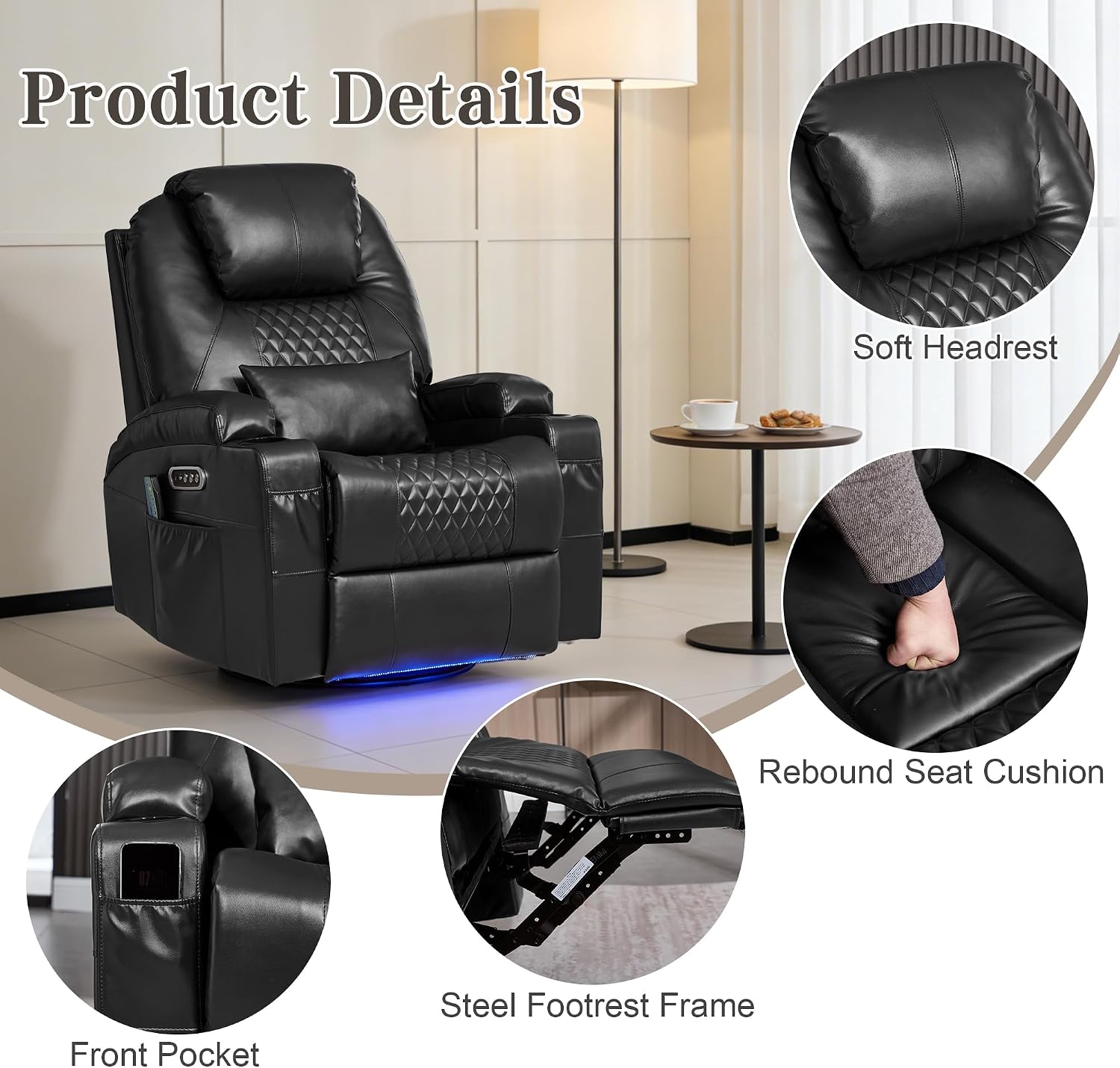 AHMED Dual Motor Power Swivel Rocker Recliner Chair, Faux Leather, Black | Electric Glider Rocking Chair, Massage & Heat, Cup Holders, LED Lights, USB A/USB C Ports