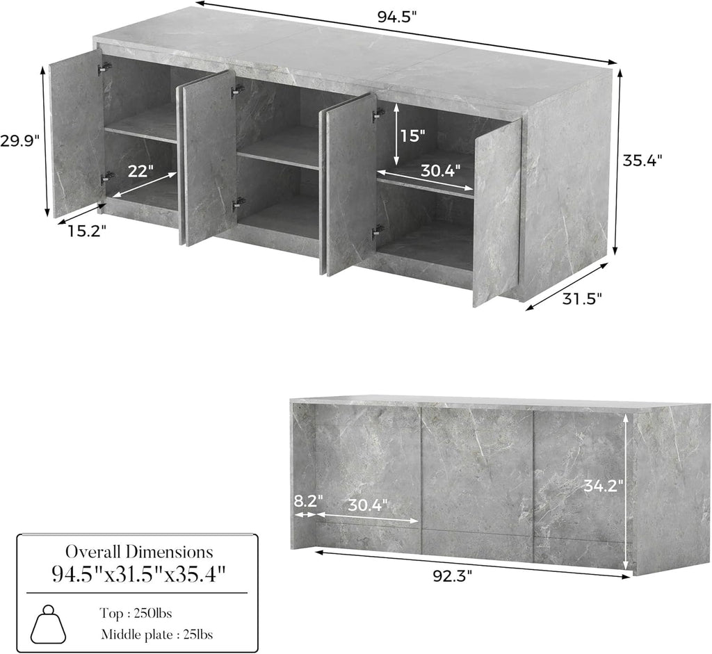 Homsee 94.5-Inch Large Kitchen Island with Storage, 6-Door Home Bar Table Kitchen Station with Seating, Wood Stationary Island Table Breakfast Counter for Dining Room, Grey with Marble Veneer