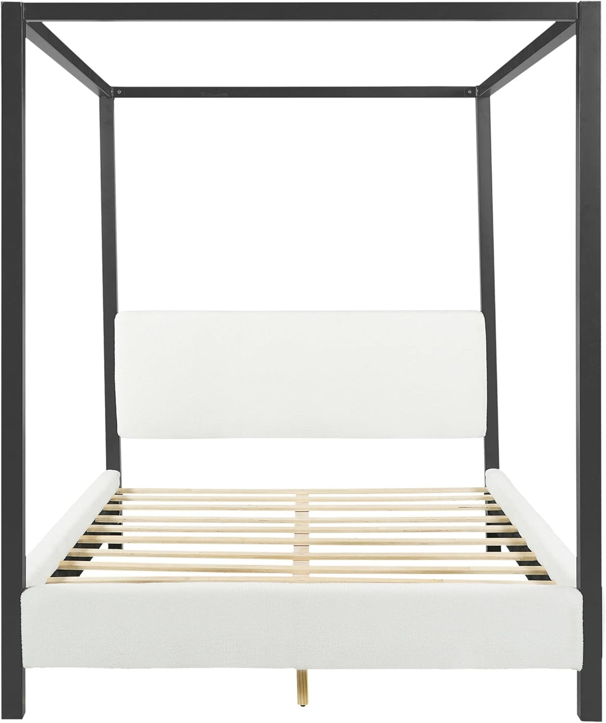 LUMISOL Queen Size Metal Canopy Bed with Upholstered Headboard, Modern Black Four Poster Bed Frame, Heavy Duty Canopy Platform Bedframe with Wood Slat Support & White Boucle Upholstery Fabric