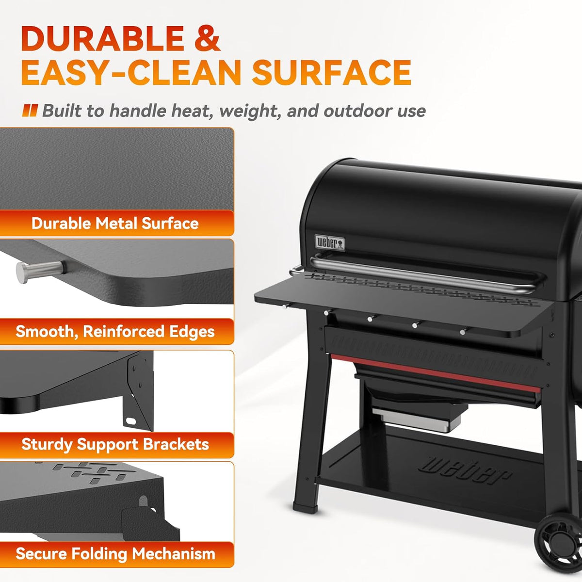 36" Front Folding Table for Weber Searwood 600 XL Pellet Grill with 5 Tool Hooks, Grill BBQ Prep Table Accessory, 425+ Sq In Workspace, 40 lb Load Capacity, Locking Fold-Down Design