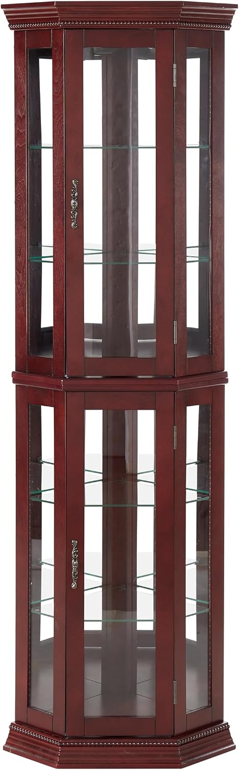 Lighted Corner Curio Cabinet, 69.75" Tall Corner Display Cabinet with Adjustable Tempered Glass Shelves, Mirrored Back, Lockable Door, Cherry Finish for Collectibles & China