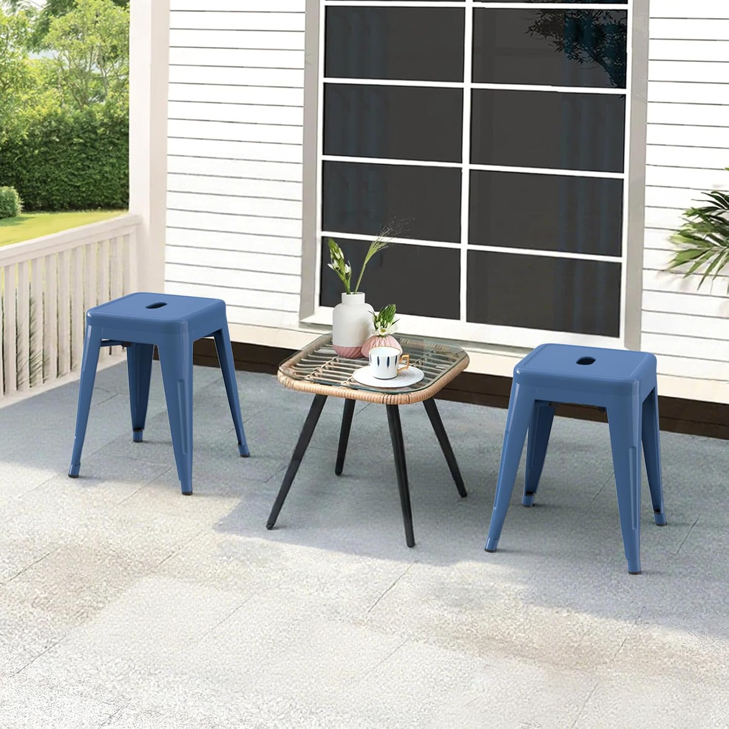 18'' Industrial Metal Stools Set of 2, Stackable Indoor Outdoor, Deep Blue | No Assembly, Waterproof & Rustproof, Easy to Move, Backless, Space-Saving, Stable Design for Classroom Kitchen Dining Patio