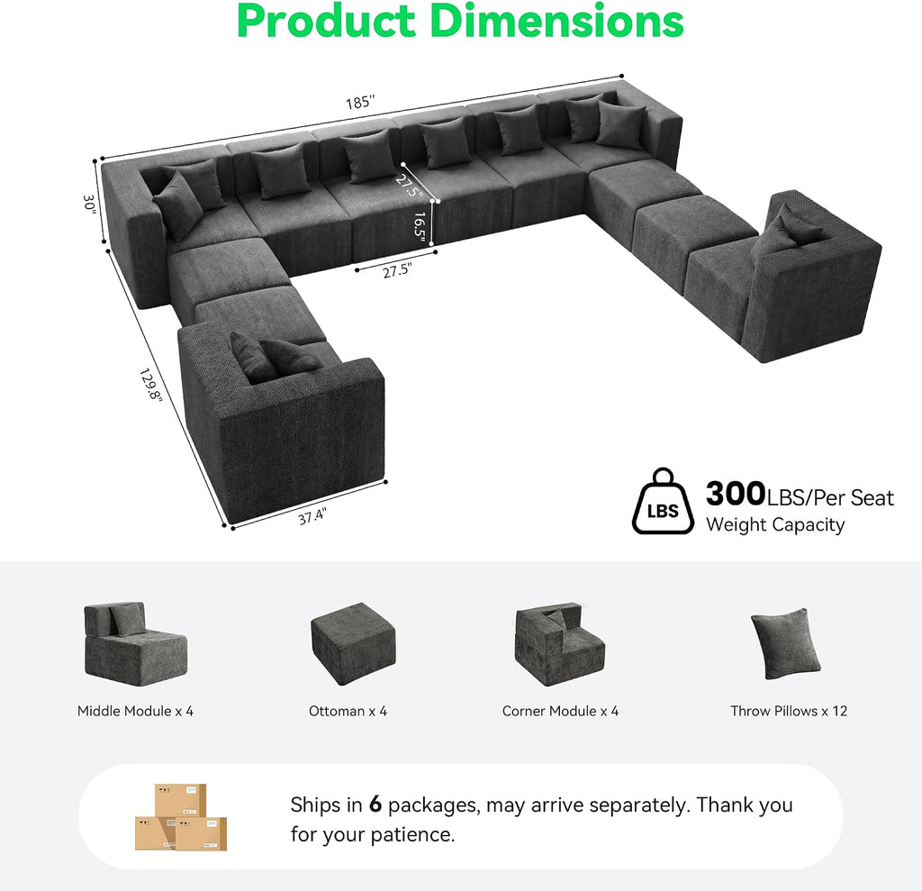 MONVANE Oversized Sectional Couch 12-Seat, Chenille, Gray | Sectional Couch for Living Room, Modular Cloud Sofa with Ottoman & 12 Throw Pillows, No Assembly Required
