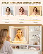 LIVELYGLOW White Makeup Vanity Desk with Charging Station & 4 Drawers | Smart LED Mirror, Cushioned-Stool, Hairdryer Rack