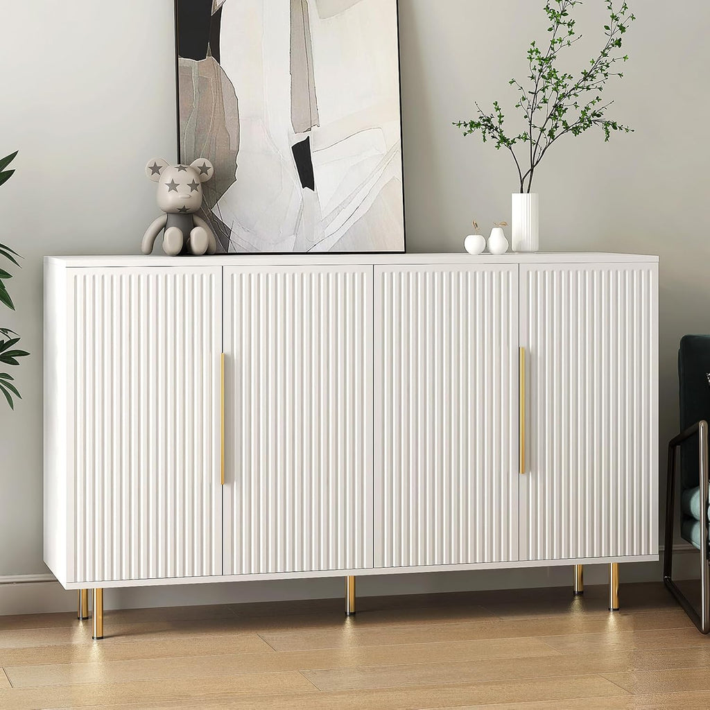 Sideboard Cabinet, 56" Large Buffet with Storage, Wood Credenza with 4 Fluted Doors and Adjustable Shelves, for Living Room, Kitchen, Entryway, White