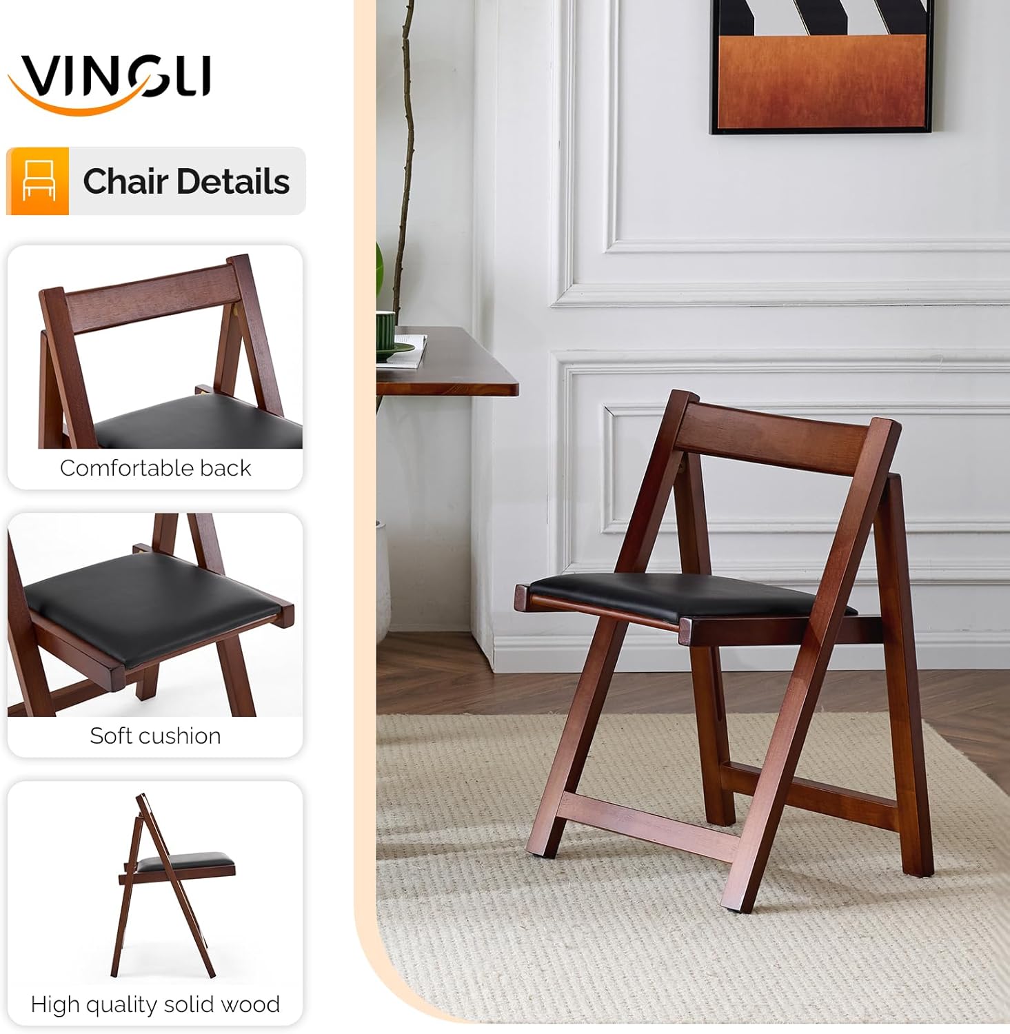 VINGLI 5-Piece Folding Dining Table Set, Extendable Drop Leaf Solid Wood Table with 4 Chairs, Drawers & Wheels, Space-Saving Design for Kitchen, Walnut