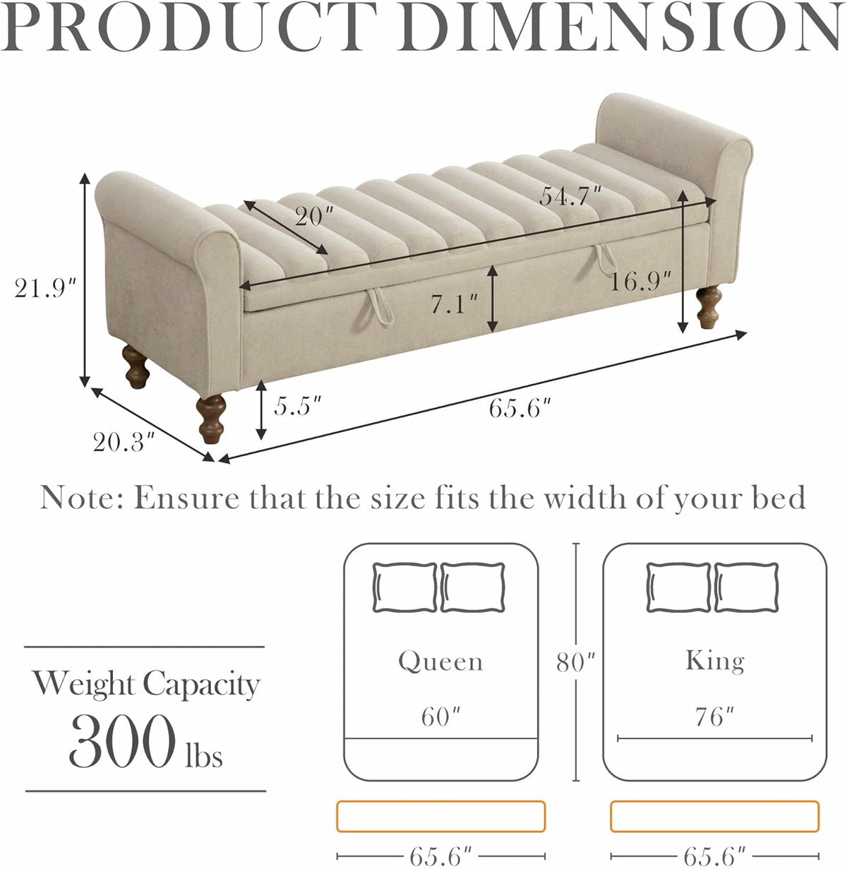 Aoiy & Wifon 65.55" W Large Storage Ottoman Bench, King Size End of Bed Storage Bench with Wood Legs, Upholstered Window Bench for Bedroom, Living Room, Entryway, Griege
