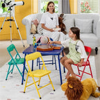 Pemberly Row Kids' Table Chair Set, Multicolor, 4-Piece Set, Includes Yellow, Pink, Blue, Green Chairs, Foldable Sturdy Table, Child-Safe Materials, Lightweight Design, Ideal for Ages 3-8