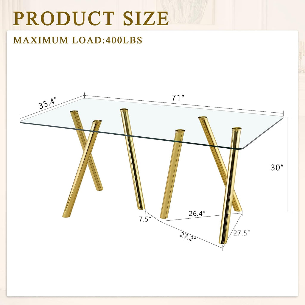 71" Glass Gold Dining Table for 6-8, Modern Dining Room Table with 0.39" Tempered Glass Top and 6 Metal Round Tube Legs, Rectangle Kitchen Dinner Table for Dining Room