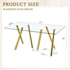 71" Glass Gold Dining Table for 6-8, Modern Dining Room Table with 0.39" Tempered Glass Top and 6 Metal Round Tube Legs, Rectangle Kitchen Dinner Table for Dining Room