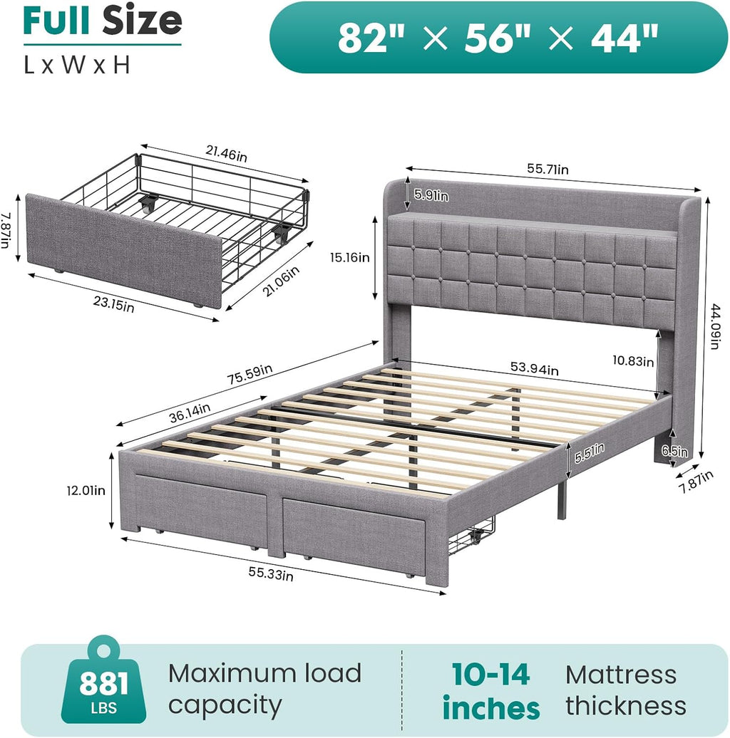 DUMOS Full Bed Frame, Upholstered Platform Bed Frame with Storage Drawers