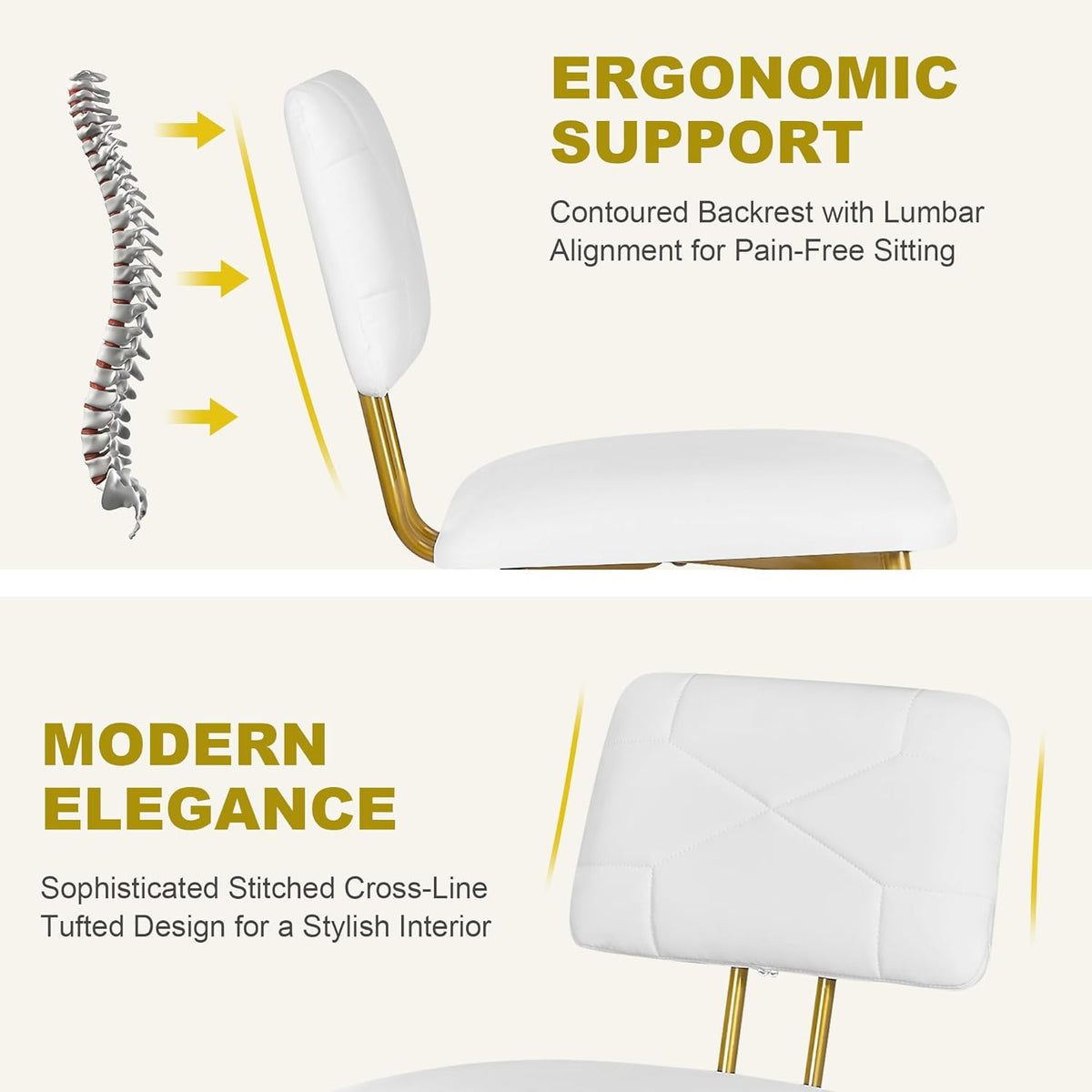 VECELO Dining Chairs Set of 4, Modern Upholstered Kitchen Chairs with Faux Leather Cushion Seat & Metal Legs for Kitchen, Living Room, Tufted Backrest Design, White
