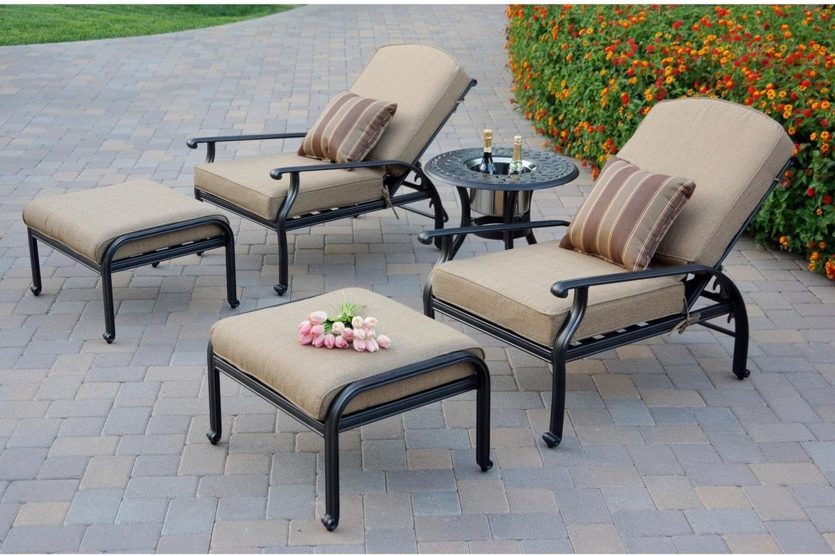 Darlee Nassau 5 Pc Cast Aluminum Seating Set w/ 24 Inch Series 60 Ice Bucket End Table & Reclining Chairs & Throw Pillows in Antique Bronze/Sesame