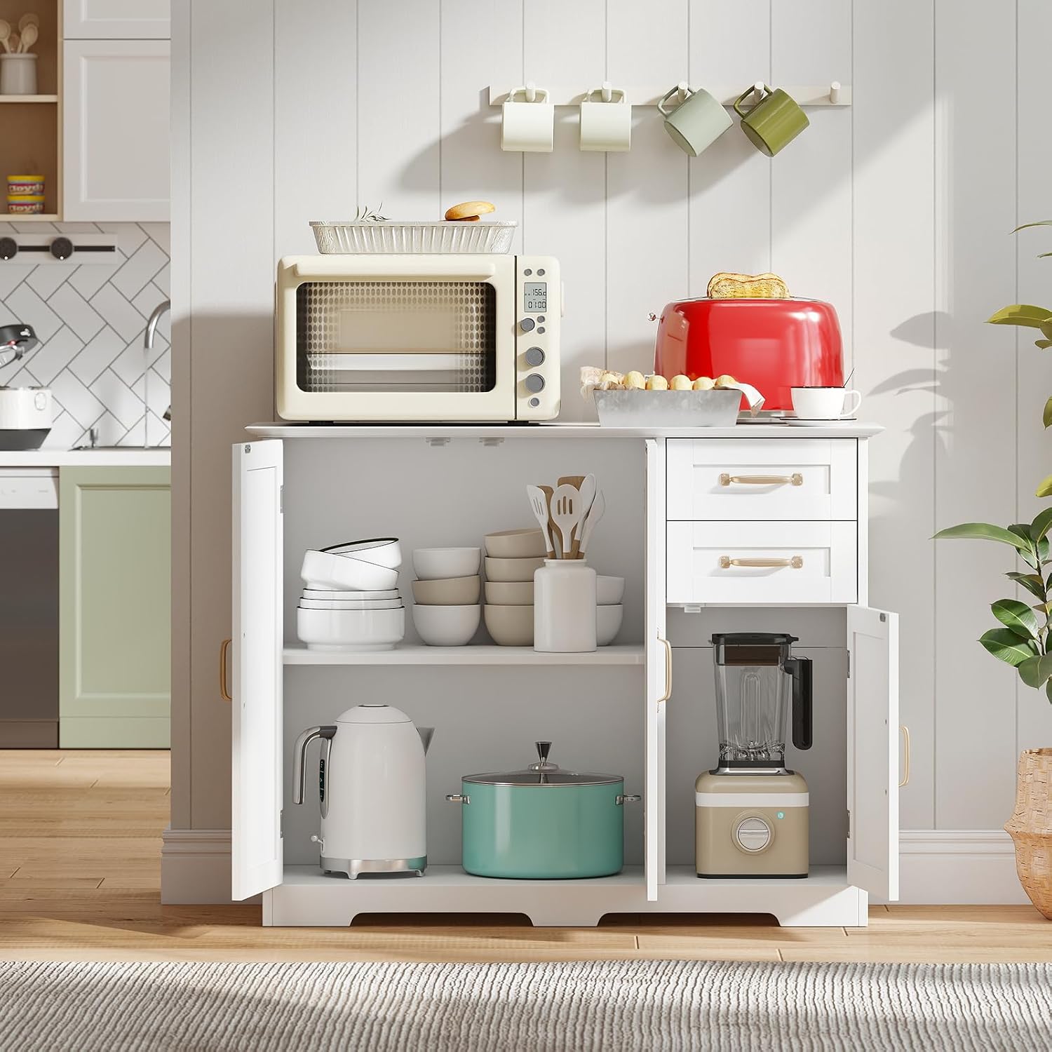 Giantex Sideboard Buffet Cabinet, Modern White Sideboard Cabinet with 2 Drawers, 3 Doors & Adjustable Shelf, Wooden Coffee Station, 40’’ Storage Buffet Table for Kitchen, Living Room, Entryway