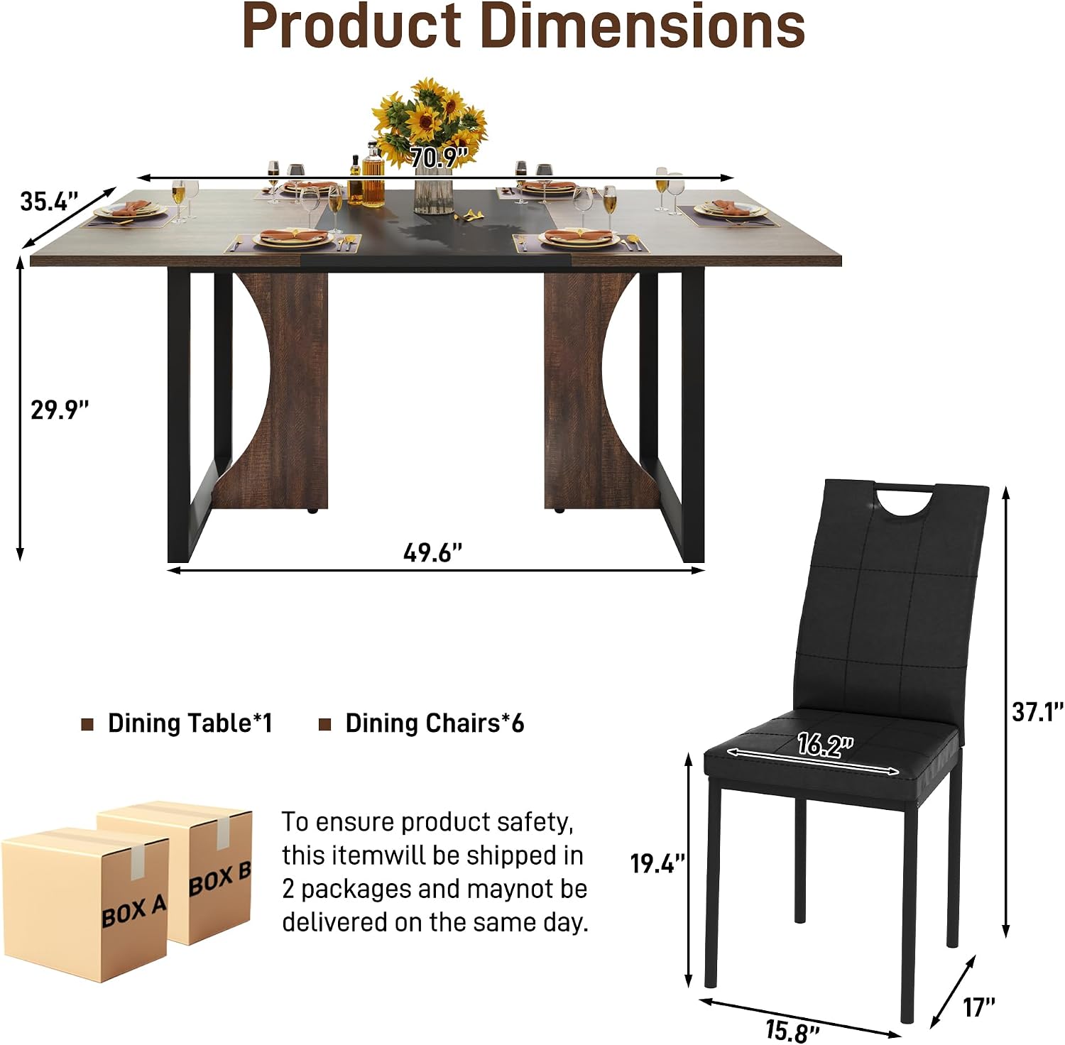 chartustriable 7PCS Dining Table Set with 6 Chairs for 4 5 6 People, 71" Large Wooden Kitchen Table Sets with 6 Upholstered Chairs,6-Person Kitchen Table & Chairs Set for Dining Room Kitchen(Brown)