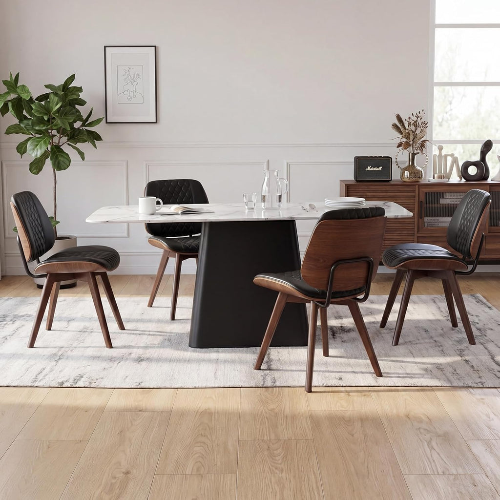 BV Dining Chairs Set of 4, PU Leather Armless Kitchen Chair in Modern Walnut Style, Mid Century Bentwood Side Chair with Wood Legs, Retro Accent Guest Chair for Kitchen Dining Room(Black)